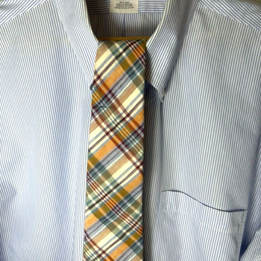 Vintage Guy Laroche Men's Brown Orange Blue Cotton Madras Plaid Tie - Picture 1 of 7